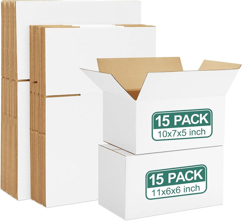Eupako 30 Pack Small Shipping Boxes Assorted Sizes, 10x7x5 & 11x6x6 15 PCS Each Small Boxes, White Corrugated Box Mailers, Cardboard Boxes for Packaging Small Business, Mailing - Image 1